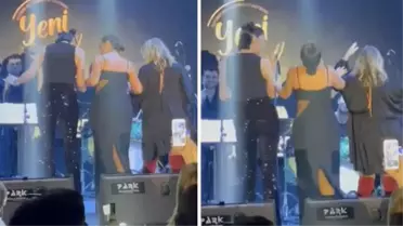 Kasık yırtmaçlı elbisesiyle konser veren Hülya Avşar, Deniz Akkaya ve Saba Tümer'le sahnede kalça dansı yaptı