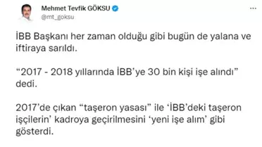 İBB AK Parti Grup Başkanvekili Mehmet Tevfik Göksu, İmamoğlu'nu yalanladı