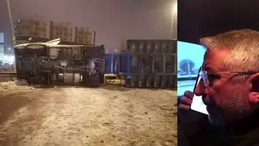 Deprem bölgesine giden ekskavatör yüklü tır kaza yaptı