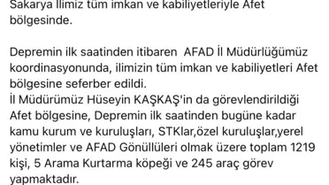 Sakarya'dan bin 219 kişi felaket bölgesinde görev yapıyor