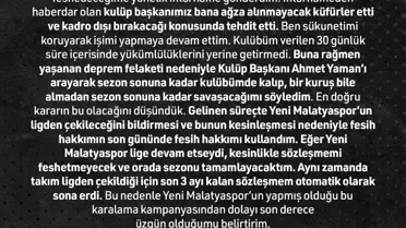 Doğukan Emeksiz'den, Yeni Malatyaspor'a yanıt: 'Kulüp başkanımız bana ağza alınmayacak küfürler etti'