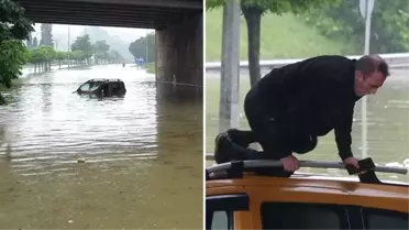 Samsun'da Taksici Selde Aracıyla Mahsur Kaldı
