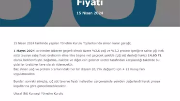 Ulusal Süt Konseyi, Çiğ İnek Sütü Fiyatlarını 14,5 TL Olarak Belirledi