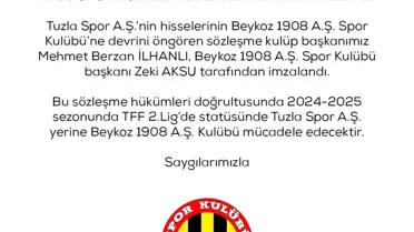 Tuzlaspor, TFF 2. Lig yarışma haklarını Beykoz 1908 SK'ya devretti