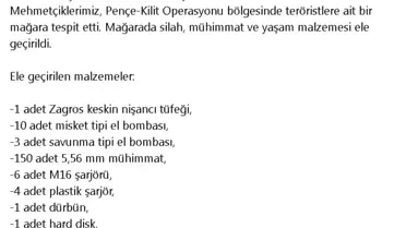Pençe Kilit Operasyonu'nda Teröristlere Ait Silah ve Mühimmat Ele Geçirildi