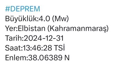 Kahramanmaraş'ta 4 Büyüklüğünde Deprem Meydana Geldi