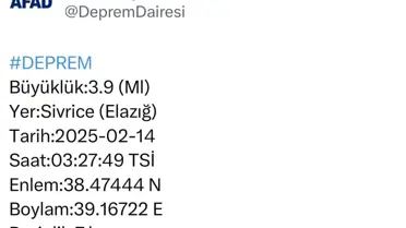 Elazığ'da 3.9 Büyüklüğünde Deprem