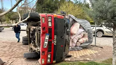 Besni'de Fıstık Kabuğu Yüklü Kamyon Devrildi