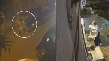 sokak ortasında kucağında bebeği olan eşini darbetti