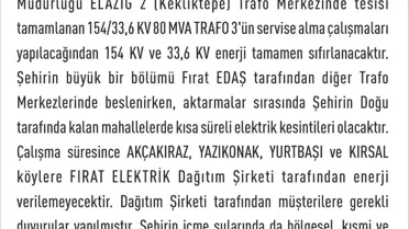 Elazığ'da Elektrik Kesintisi Uyarısı