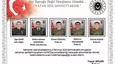 Milli Savunma Bakanı Güler'den, metan gazına maruz kalarak şehit olan 5 asker için başsağlığı mesajı Açıklaması