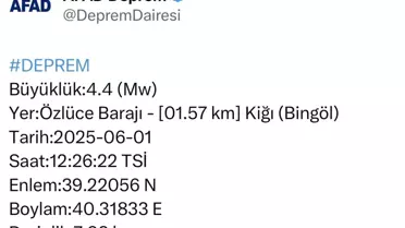 Bingöl'de 4,4 Büyüklüğünde Deprem