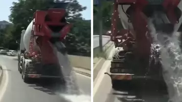 İstanbul'da hafriyat kamyonu betonlu suyu yola döktü