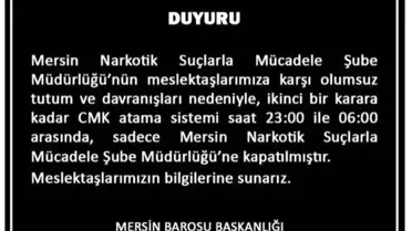 Mersin Barosu'ndan Narkotik Şubesine Avukat Atama Durdurması