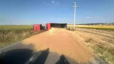 Buğday Yüklü Kamyon Devrildi