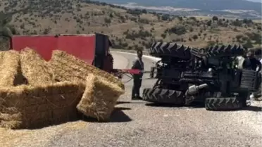 Traktör Devrildi, Yol Ulaşıma Kapandı