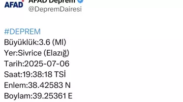 Elazığ'da 3.6 Büyüklüğünde Deprem