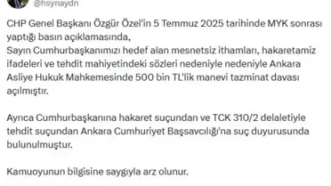 Cumhurbaşkanı Erdoğan'ın Avukatı, CHP Genel Başkanı Özgür Özel Hakkında Dava Açtı