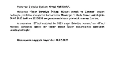 Manavgat Belediye Başkanı Tutuklandı