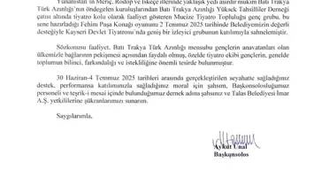 Batı Trakya Türk Sanatçıları'na Teşekkür Mektubu