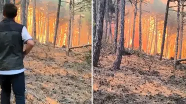 Orman bölge müdürü ve ekibinin alevlerin arasında kaldığı anlar kamerada