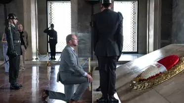 Atatürk'ün mozolesinin önünde diz çöken bakan konuştu