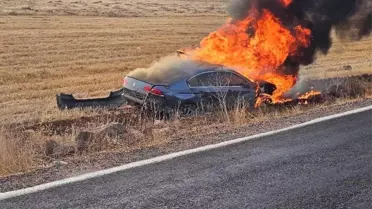 Viranşehir'de otomobil devrildi, yangın çıktı