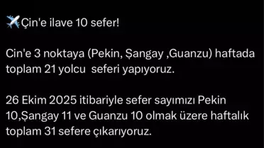 THY, Çin Uçuşlarını Artırıyor