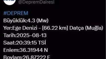 Muğla'da 4.3 Büyüklüğünde Deprem
