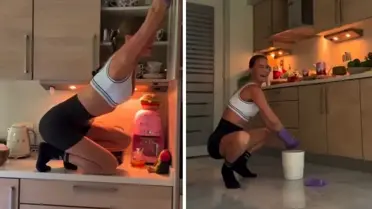 Ebru Şallı hem temizlik hem pilates yaptı