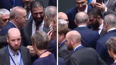 BM zirvesinde tarihi görüntüler! Şara ile Erdoğan'dan ayaküstü sohbet