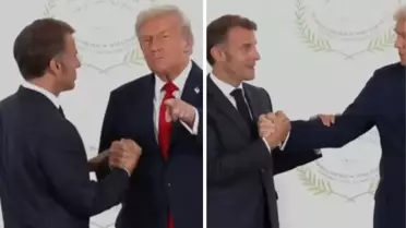 Zirveye damga vuracak görüntüler! Trump ile Macron bilek güreşine tutuştu