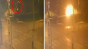 Tank anıtına çarpan otomobil alev aldı! İşte o anlar