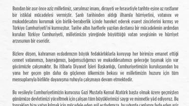 Diyanet İşleri Başkanlığı'ndan 29 Ekim Cumhuriyet Bayramı Mesajı