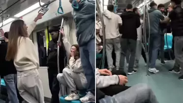 Marmaray'da 2 grup arasında kavga! Genç kızlar olanları gülerek izledi