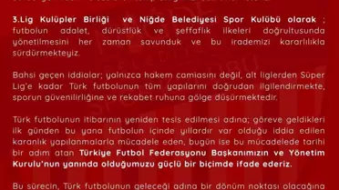 Niğde Belediyespor'dan TFF Başkanı'na Destek Açıklaması