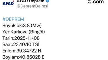 Bingöl'de 3.8 Büyüklüğünde Deprem