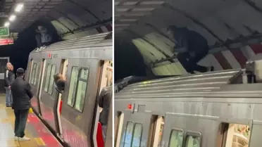Durakta metronun üstüne çıktı, ortalığı birbirine kattı