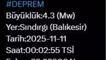 Balıkesir'de 4.3 Büyüklüğünde Deprem