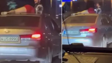 Seyir halindeki otomobilin tavanında twerk yapmaya çalıştı