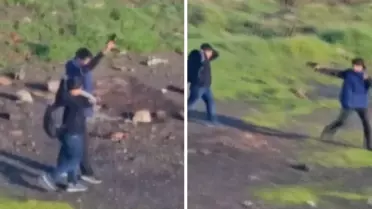 Ortaokulun yanında şok görüntü! Küçücük çocuklar birbirine silah çekti