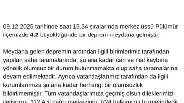 Tunceli'de 4.2 Büyüklüğünde Deprem