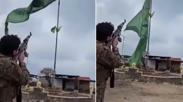 Komşuda tarihi an! Terör örgütünün sözde bayrağını silahla vurarak düşürdü