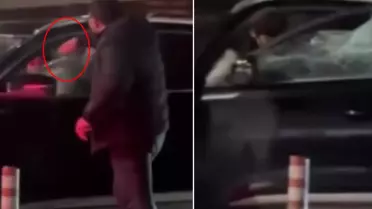 Kadının bulunduğu cipin ön camını yumrukla kırdı! Vatandaşlar film gibi izledi