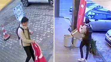 Bayrağımıza alçak saldırı: Kopardı, yetmedi üzerine basarak o anları kayda aldı