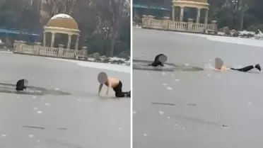 Kahramana adam, buzlu göle düşen çocuğu kurtardı