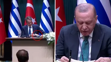Cumhurbaşkanı Erdoğan'la görüşen Miçotakis'in hareketi basın toplantısına damga vurdu