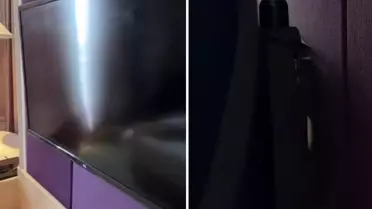 Otel odasında, televizyonun arkasına bakan adam, hayatının şokunu yaşadı