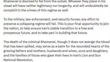 Sürgündeki Rıza Pehlevi: Hamaney'in ölümüyle, İran rejimi fiilen sona erdi