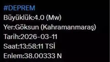 Kahramanmaraş'ta 4.0 Büyüklüğünde Deprem
